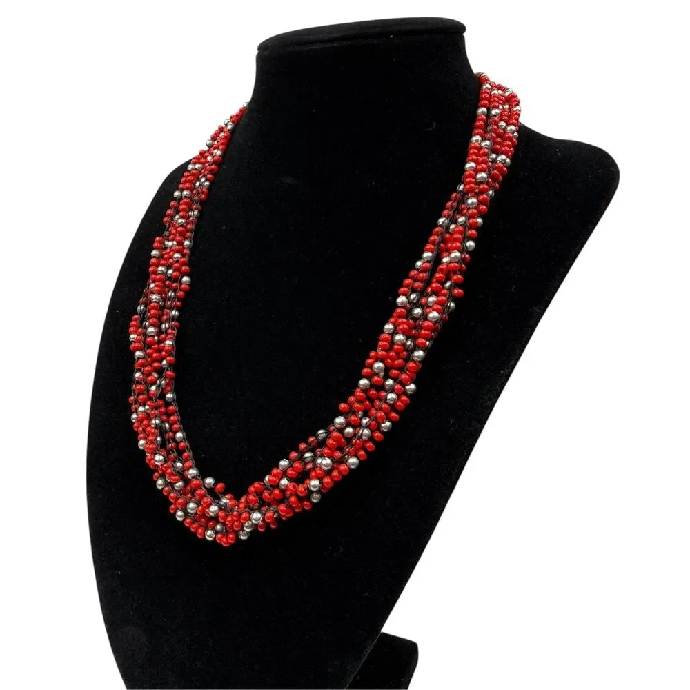 Multi-Strand Red & Silver Beaded Statement Necklace Fashion Jewelry 18